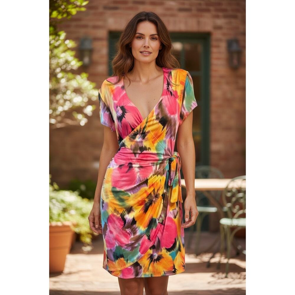 JOSEPH RIBKOFF Floral Pattern Wrap Style Sheath Dress Sz 8